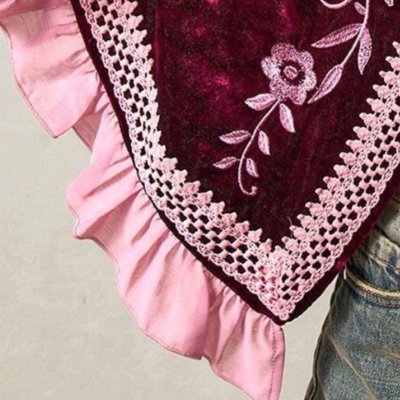 Boho Burgundy Velvet Floral Embroidered Ruffle Detail Kimono Cardigan - Picture 11 of 16